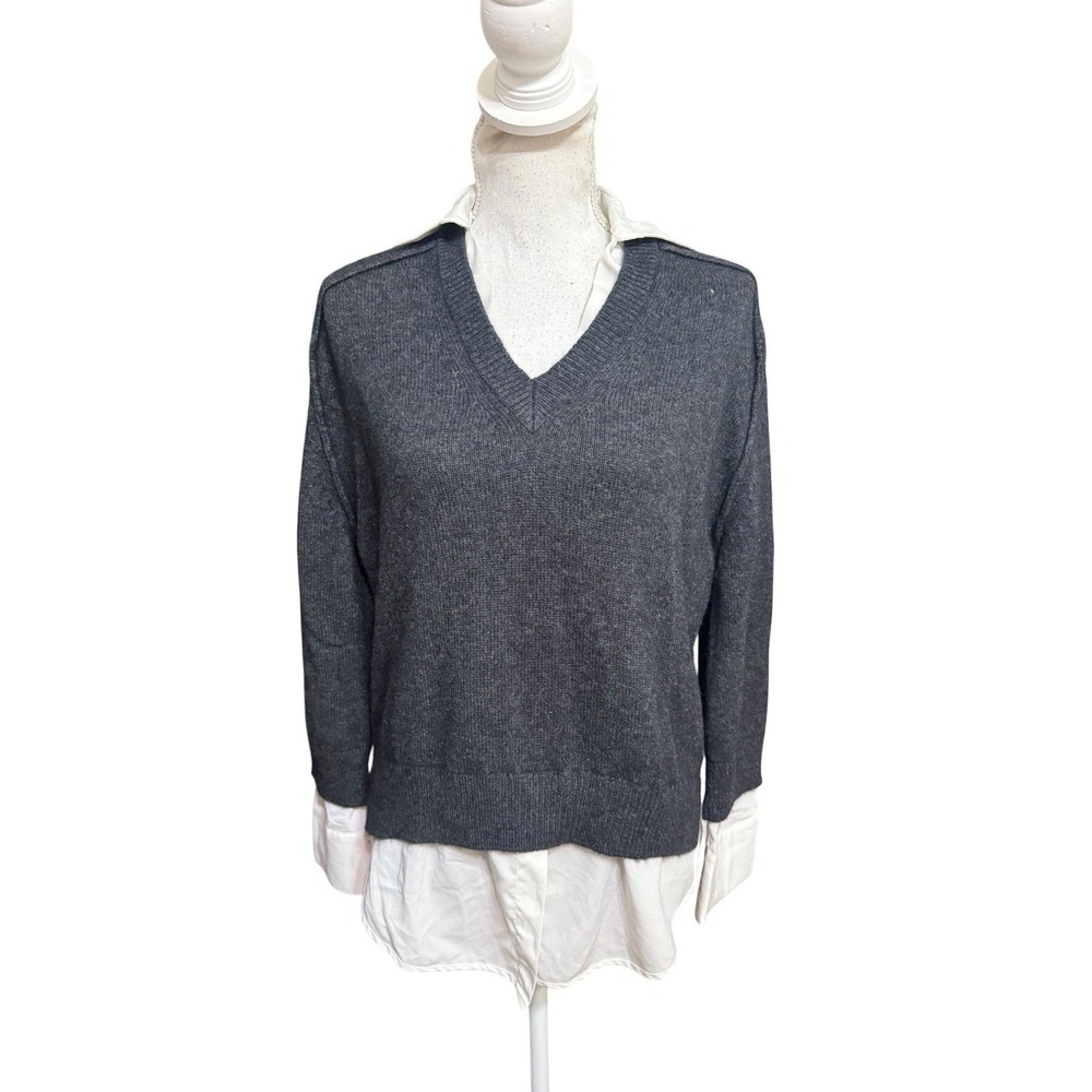Brochu Walker The Looker Layered V-Neck Wool Cashmere Sweater Gray size S FLAW